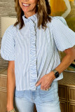 Beau Blue Striped Ruffle Short Bubble Sleeve Shirt