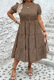 Brown Plus Size Leopard Print Frill Trim Short Sleeve Flared Dress