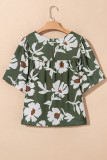 Casual Floral Print Button Keyhole Back Wide Short Sleeve Blouse