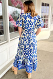 Blue Floral Puff Short Sleeve V Neck High Waist Maxi Dress