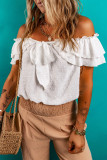 White Off Shoulder Ruffle Knotted Detail Swiss Dot Blouse