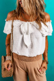 White Off Shoulder Ruffle Knotted Detail Swiss Dot Blouse