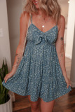 Blue Spaghetti Straps Floral Print Knot Detail High Waist Flared Dress
