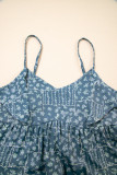 Blue Spaghetti Straps Floral Print Knot Detail High Waist Flared Dress