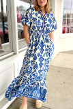 Blue Floral Puff Short Sleeve V Neck High Waist Maxi Dress