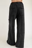 Black Mineral Wash Exposed Seam Drawstring High Waist Wide Leg Cargo Pants