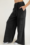 Black Mineral Wash Exposed Seam Drawstring High Waist Wide Leg Cargo Pants