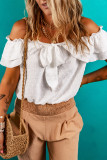 White Off Shoulder Ruffle Knotted Detail Swiss Dot Blouse