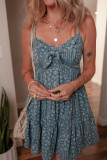 Blue Spaghetti Straps Floral Print Knot Detail High Waist Flared Dress