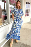 Blue Floral Puff Short Sleeve V Neck High Waist Maxi Dress