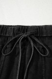 Black Mineral Wash Exposed Seam Drawstring High Waist Wide Leg Cargo Pants