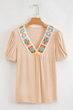 Pale Chestnut Crochet Floral V Neck Textured Short Sleeve Blouse
