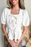White Bow Knot Decor Square Neck Puff Sleeve Peplum Top