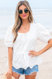 White Bow Knot Decor Square Neck Puff Sleeve Peplum Top