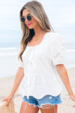 White Bow Knot Decor Square Neck Puff Sleeve Peplum Top