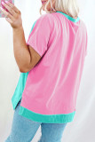 Mint Green Colorblock Patchwork Short Sleeve Buttons Plus Size Henley Top