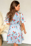 Sky Blue Stripe Floral Pattern Ruffle Short Sleeve Belted Mini Dress