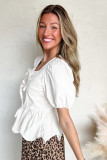 White Bow Knot Decor Square Neck Puff Sleeve Peplum Top