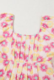 Rose Vibrant Floral Square Neck Puff Sleeve Pleated Flared Midi Dress