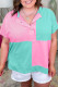 Mint Green Colorblock Patchwork Short Sleeve Buttons Plus Size Henley Top