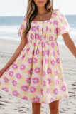 Rose Vibrant Floral Square Neck Puff Sleeve Pleated Flared Midi Dress