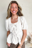 White Bow Knot Decor Square Neck Puff Sleeve Peplum Top