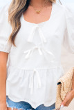 White Bow Knot Decor Square Neck Puff Sleeve Peplum Top