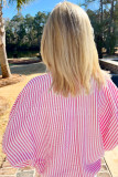 Sachet Pink Striped Print Contrast Split Neck Dolman Sleeve Blouse