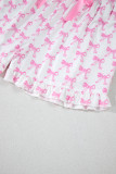 Pink Bowknot Printed Short Sleeve and Ruffled Shorts Pajama Set