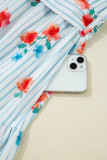 Sky Blue Stripe Floral Pattern Ruffle Short Sleeve Belted Mini Dress