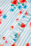Sky Blue Stripe Floral Pattern Ruffle Short Sleeve Belted Mini Dress