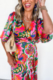 Rose Summer Plant Print Surpliced V Neck Ruffled Asymmetric Slit Wide Short Sleeve Maxi Dress