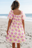 Rose Vibrant Floral Square Neck Puff Sleeve Pleated Flared Midi Dress