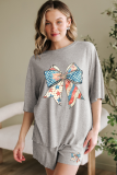 Gray USA Flag Bow Print Half Sleeve Tee and High Waist Shorts Set