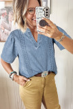 Myosotis Pintuck Pleats Puff Sleeve Split V Neck Summer Denim Top