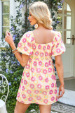 Rose Vibrant Floral Square Neck Puff Sleeve Pleated Flared Midi Dress