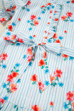 Sky Blue Stripe Floral Pattern Ruffle Short Sleeve Belted Mini Dress