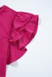 Rose Red Short Ruffle Sleeve Round Neck Blouse