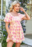 Rose Vibrant Floral Square Neck Puff Sleeve Pleated Flared Midi Dress