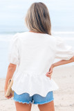 White Bow Knot Decor Square Neck Puff Sleeve Peplum Top