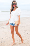 White Bow Knot Decor Square Neck Puff Sleeve Peplum Top