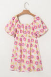 Rose Vibrant Floral Square Neck Puff Sleeve Pleated Flared Midi Dress