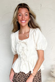 White Bow Knot Decor Square Neck Puff Sleeve Peplum Top