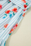 Sky Blue Stripe Floral Pattern Ruffle Short Sleeve Belted Mini Dress