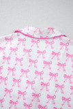 Pink Bowknot Printed Short Sleeve and Ruffled Shorts Pajama Set
