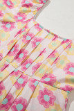 Rose Vibrant Floral Square Neck Puff Sleeve Pleated Flared Midi Dress