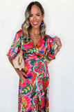 Rose Summer Plant Print Surpliced V Neck Ruffled Asymmetric Slit Wide Short Sleeve Maxi Dress