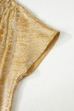 Gold Glossy Round Neck Pleated Detail Short Sleeve Blouse