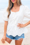 White Bow Knot Decor Square Neck Puff Sleeve Peplum Top