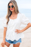 White Bow Knot Decor Square Neck Puff Sleeve Peplum Top
